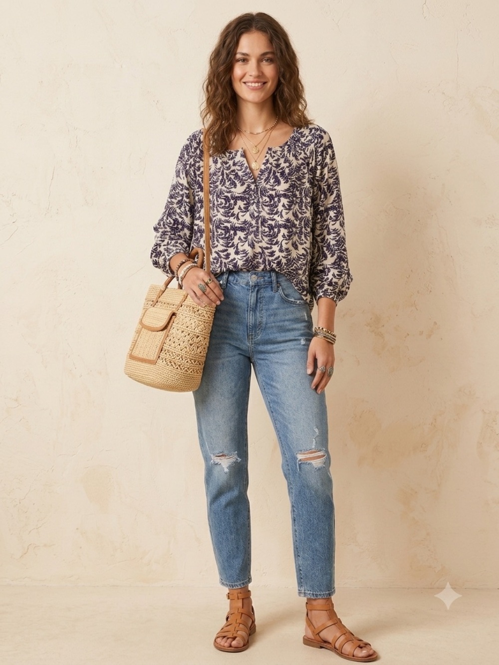 💙 Tristan| Boho Navy & Ivory Flowy Floral Lightweight Blouse Size M
